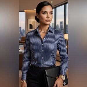 Nili Lotan Navy and White Vertical Stripe Button-Down Shirt